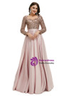 Pink Long Sleeve Satin Sequins Square Pleats Prom Dress