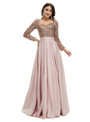 Pink Long Sleeve Satin Sequins Square Pleats Prom Dress