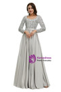 Long Sleeve Silver Gray Satin Sequins Prom Dress