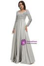 Long Sleeve Silver Gray Satin Sequins Prom Dress