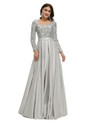Long Sleeve Silver Gray Satin Sequins Prom Dress