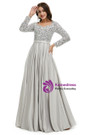 Long Sleeve Silver Gray Satin Sequins Prom Dress