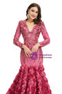 Hot Pink V-neck Long Sleeve Rose Flower Prom Dress