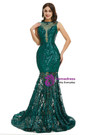 Dark Green Mermaid See-through Sequins Prom Dress