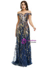 Navy Blue Tulle Gold Sequins Long Prom Dress