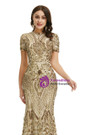 Queenly Gold Mermaid Sequins Short Sleeve Prom Dress
