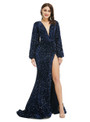 Navy Blue Mermaid Deep V-neck Long Sleeve Prom Dress