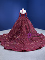 Burgundy Tulle Sequins Embroidery Long SLeeve Prom Dress
