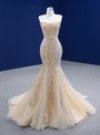 Champagne Mermaid Sequins Appliques Prom Dress
