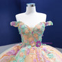 Champagne Tulle Colorful Appliques Off the Shoulder Prom Dress