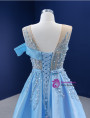 Blue Satin Sequins Beading Sleeveless Prom Dress