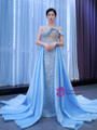 Blue Satin Sequins Beading Sleeveless Prom Dress
