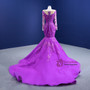 Purple Mermaid Long Sleeve Appliques Prom Dress