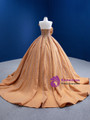 Orange Ball Gown Satin Strapless Beading Pearls Prom Dress