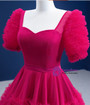 Burgundy Square Neck Puff Sleeve Pleats Prom Dress