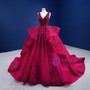 Burgundy Tulle Appliques Beading Pearls Sequins Prom Dress