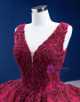 Burgundy Tulle Appliques Beading Pearls Sequins Prom Dress