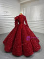 Red High Neck Ball Gown Sequins Long Sleeve Prom Dress