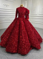 Red High Neck Ball Gown Sequins Long Sleeve Prom Dress