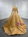 Gold High Neck Appliques Sequins Long Sleeve Prom Dress