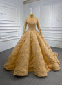 Gold High Neck Appliques Sequins Long Sleeve Prom Dress