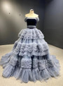 Sweet Gray Blue Tulle Pleats Tiers Prom Dress