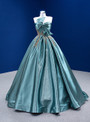 Green Satin Strapless Pleats Beading Prom Dress