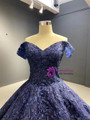 Stunning Navy Blue Lace Off the Shoulder Prom Dress