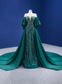 Green Satin Sequins Trumpet Sleeve Beading Prom Dress