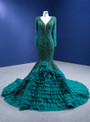 Green Mermaid V-neck Long Sleeve Beading Prom Dress