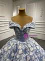 Blue Off the Shouler White Appliques Prom Dress