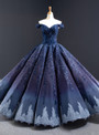 Navy Blue Lace Beading Ball Gown Prom Dress