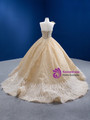 Champagne Strapless Tulle Sequins Beading Prom Dress With Feather