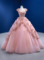 Pink Tulle Sequins Cap Sleeve Princess Prom Dress
