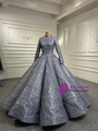 Silver Gray Sequins Long Sleeve High Neck Prom Dress