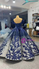 Blue Silver Sequins Appliques Off the Shoulder Prom Dress