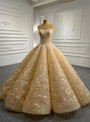 Champagne Sweetheart Lace Appliques Prom Dress
