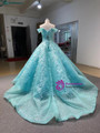 Blue Tulle Lace Off the Shoulder Appliques Prom Dress