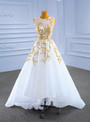 White Tulle Hi Lo Beading Sequins Prom Dress