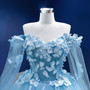 Blue Tulle 3D Appliques Off the Shoulder Prom Dress With Shawl