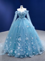 Blue Tulle 3D Appliques Off the Shoulder Prom Dress With Shawl