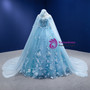 Blue Tulle 3D Appliques Off the Shoulder Prom Dress With Shawl