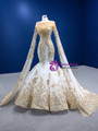 White Mermaid Long Sleeve Gold Sequins Appliques Crystal Prom Dress