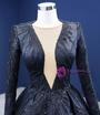 Black Satin Long Sleeve Sequins Beading Prom Dress