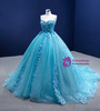 Blue Ball Gown Tulle Appliques Beading Prom Dress