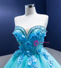 Blue Ball Gown Tulle Appliques Beading Prom Dress