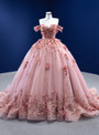 Pink Ball Gown Tulle Off the Shoulder 3D Appliques Prom Dress