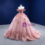 Pink Ball Gown Tulle Off the Shoulder 3D Appliques Prom Dress