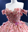 Pink Ball Gown Tulle Off the Shoulder 3D Appliques Prom Dress