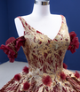 Burgundy Ball Gown Gold Sequins V-neck Prom Dress